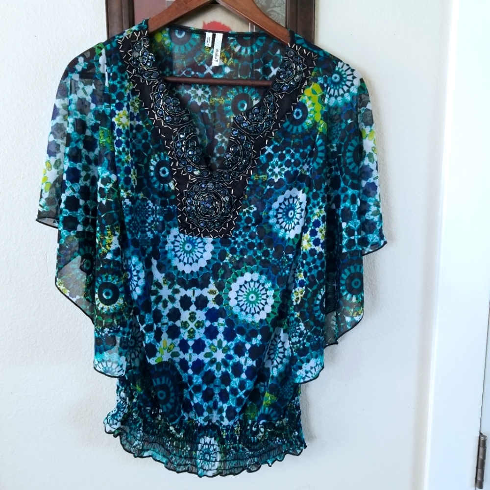 StudioY Jeweled V-Neck Blouse Wrinkled Waist